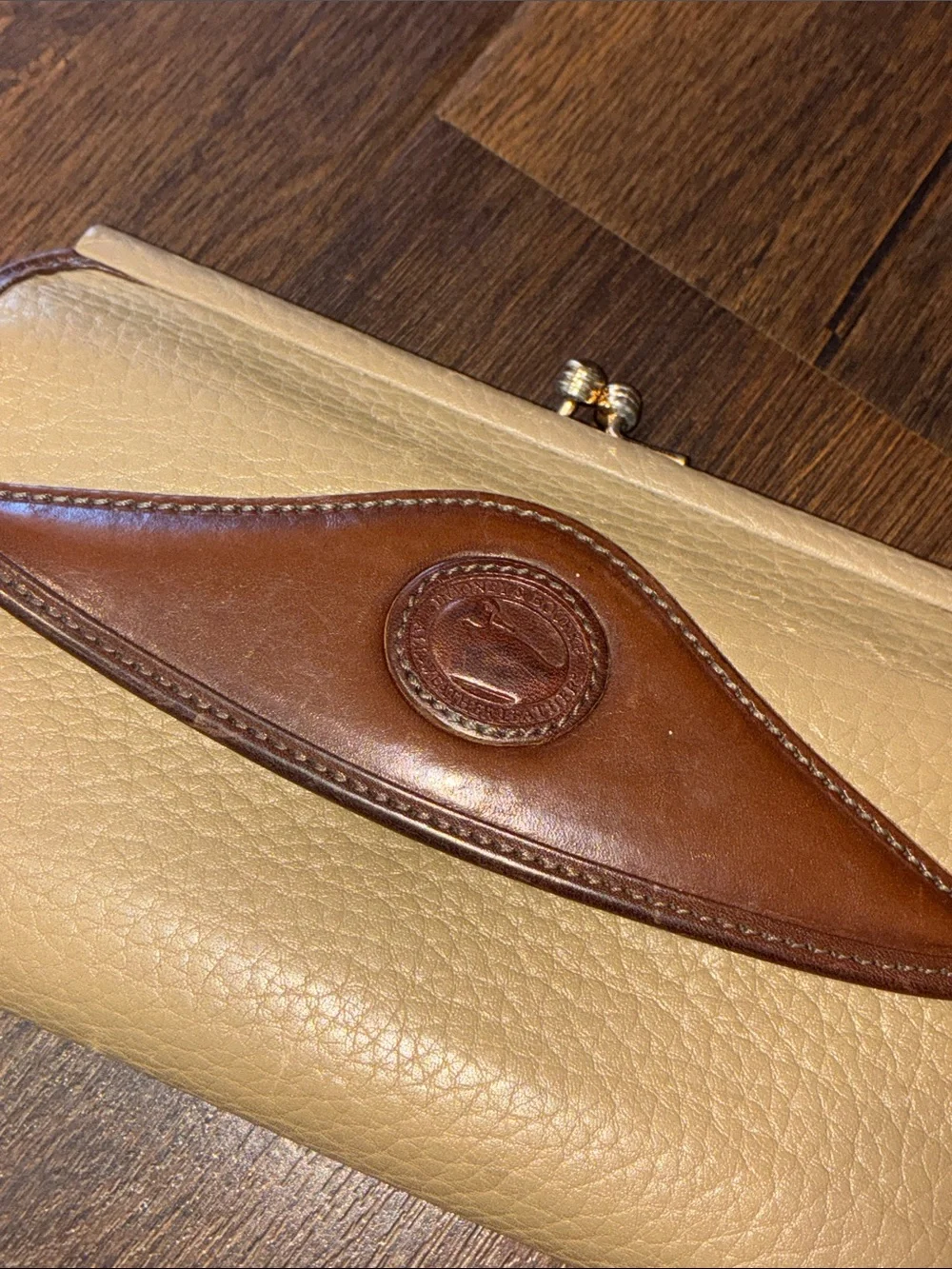 Vintage Dooney & Bourke Leather Kiss-Lock Wallet Taupe with Brown Trim